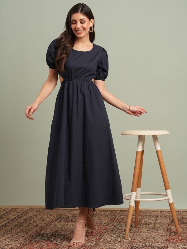 Globus Women Navy Blue Round Neck Puff Sleeves Solid Cut Out Detail Fit & Flare Midi Resort Dress