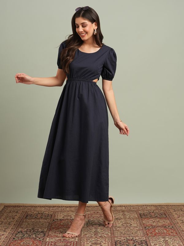 Globus Women Navy Blue Round Neck Puff Sleeves Solid Cut Out Detail Fit & Flare Midi Resort Dress