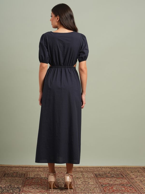 Globus Women Navy Blue Round Neck Puff Sleeves Solid Cut Out Detail Fit & Flare Midi Resort Dress