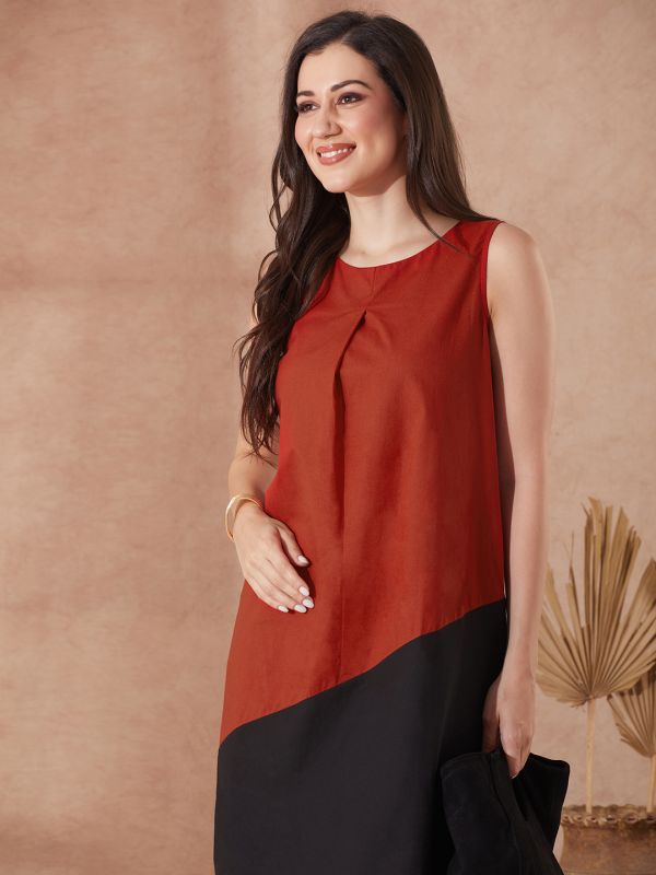 Globus Women Red Round Neck Colourblocked A-Line Knee Length Resort Dress