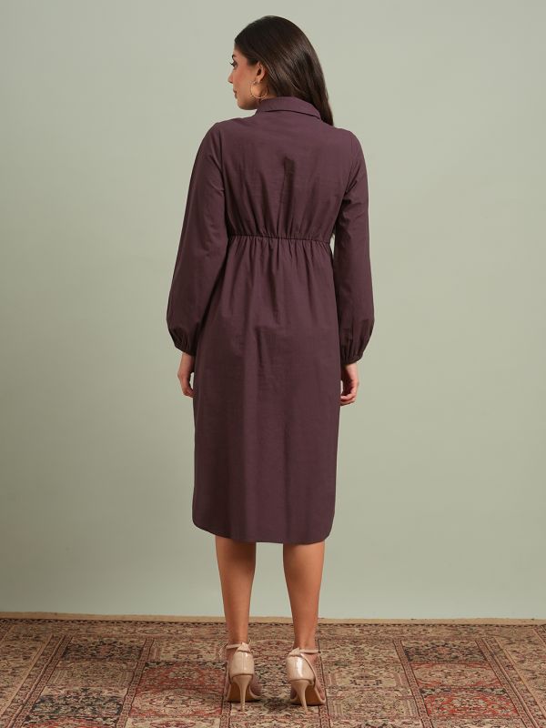 Globus Women Burgundy Collared Neck Bishop Sleeves Solid Twist Knot Detail Midi Workwear Shirt Dress