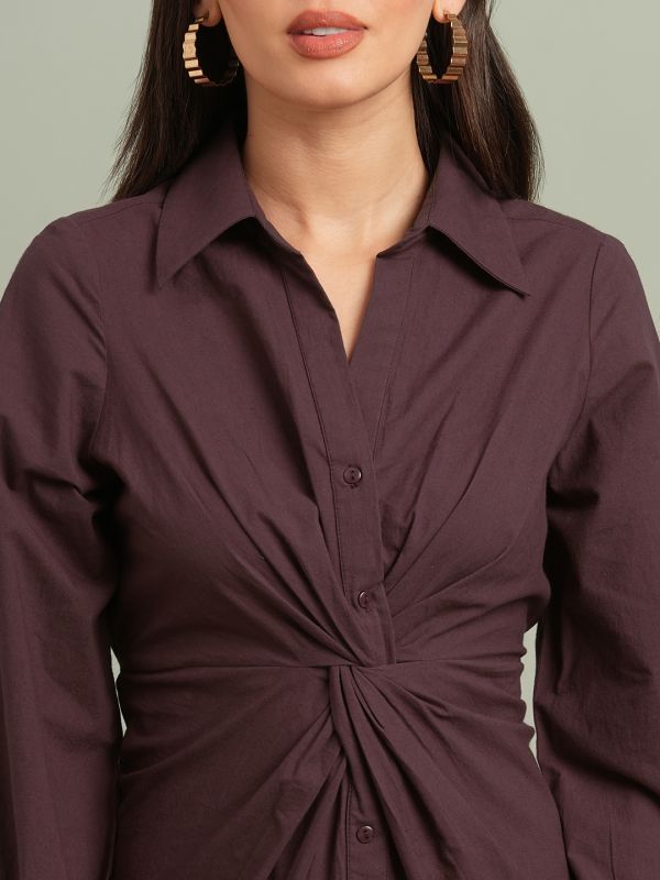 Globus Women Burgundy Collared Neck Bishop Sleeves Solid Twist Knot Detail Midi Workwear Shirt Dress
