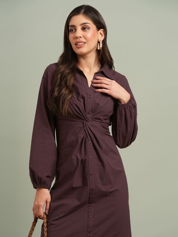 Globus Women Burgundy Collared Neck Bishop Sleeves Solid Twist Knot Detail Midi Workwear Shirt Dress