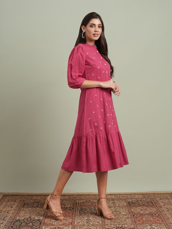 Globus Women Pink Round Neck Puff Sleeves Floral Embroidered Tiered Flared Hem Midi A-Line Dress