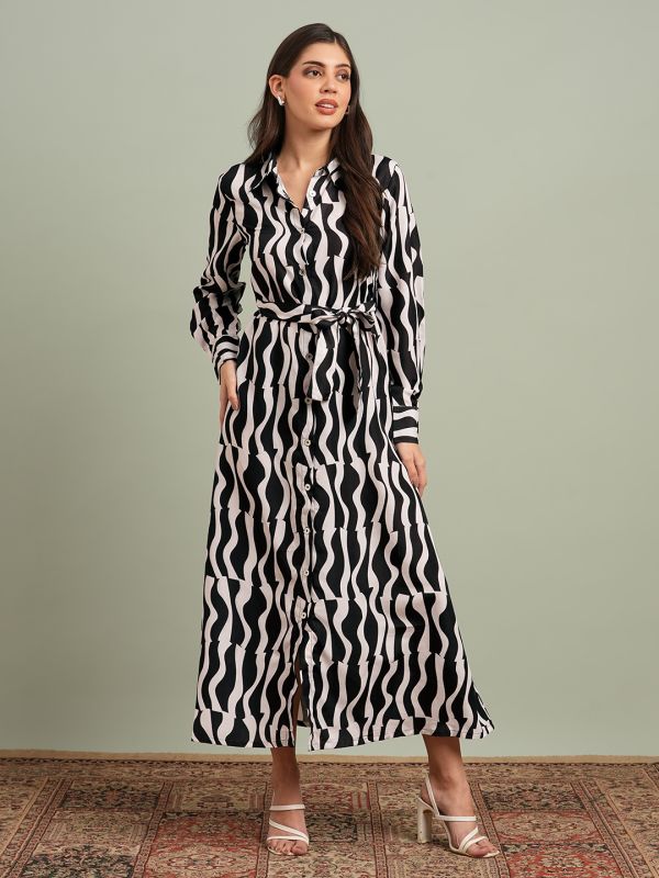 Globus Women Black Collared Neck Cuffed Sleeves Abstract Print Maxi Workwear Shirt Dress With Belt