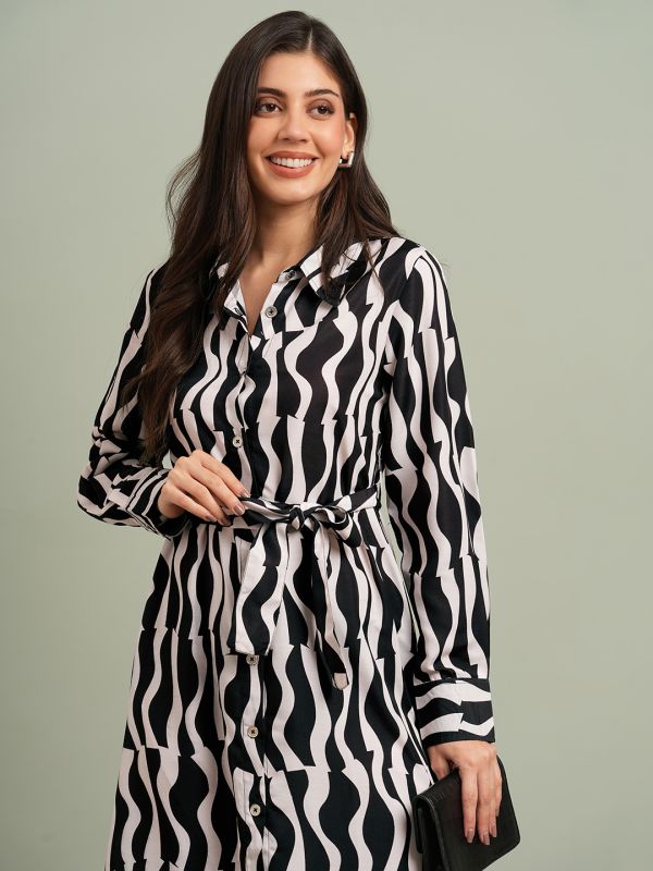 Globus Women Black Collared Neck Cuffed Sleeves Abstract Print Maxi Workwear Shirt Dress With Belt