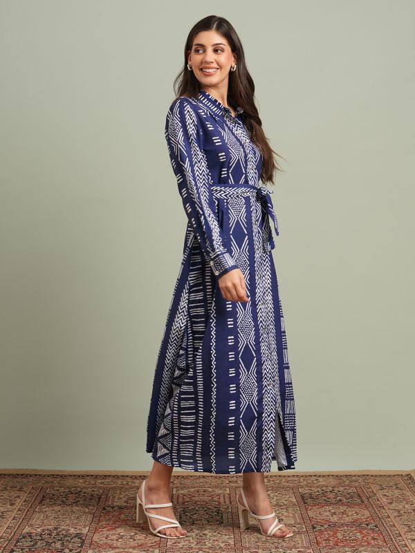 Globus Women Blue Collared Neck Cuffed Sleeves Ethnic Print Maxi Workwear Shirt Dress With Belt