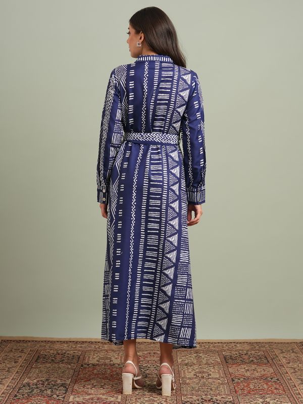 Globus Women Blue Collared Neck Cuffed Sleeves Ethnic Print Maxi Workwear Shirt Dress With Belt