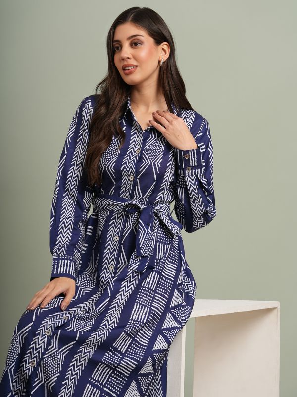 Globus Women Blue Collared Neck Cuffed Sleeves Ethnic Print Maxi Workwear Shirt Dress With Belt