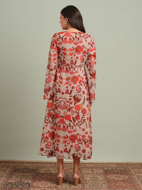 Globus Women Red V-Neck Bell Sleeves Floral Print Georgette Midi A-Line Dress