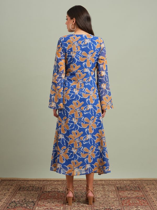 Globus Women Blue Floral Printed V-Neck Bell Sleeves Flared Hem Gathered A-Line Maxi Dress