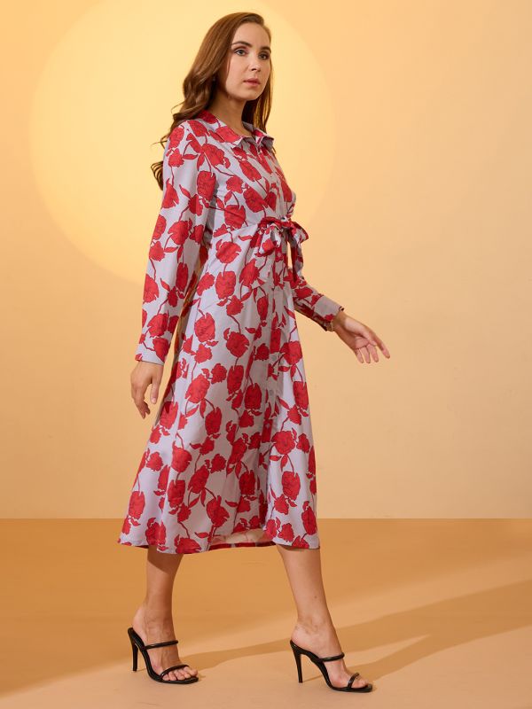 Globus Women Red Floral Printed Collared Neck Cuffed Sleeves Waist Tie-Ups Midi Shirt style Dress