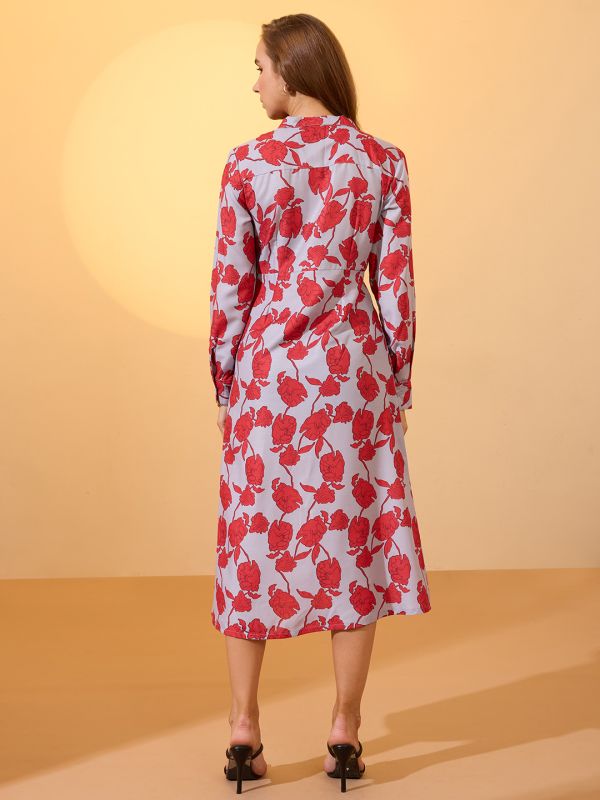 Globus Women Red Floral Printed Collared Neck Cuffed Sleeves Waist Tie-Ups Midi Shirt style Dress
