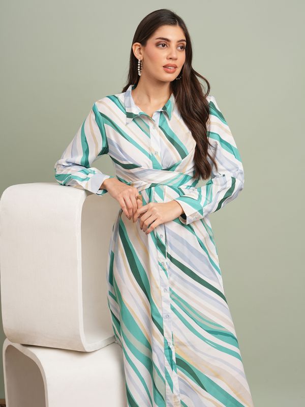 Globus Women Green Collared Neck Cuffed Sleeves Abstract Print Criss Cross Tie-Up Detail Midi Shirt Dress