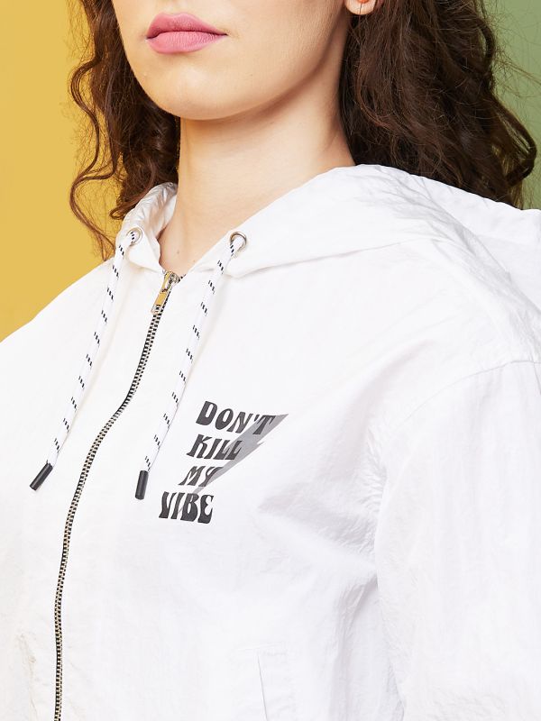 Globus Women White Hooded Neck Typography Print  Casual Jacket