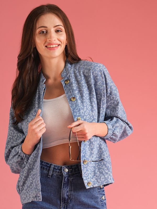 Globus Women Blue Self Design Cotton Mandarin Collar Oversized Bomber Jacket
