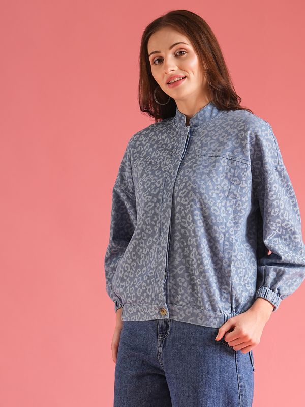 Globus Women Blue Self Design Cotton Mandarin Collar Oversized Bomber Jacket