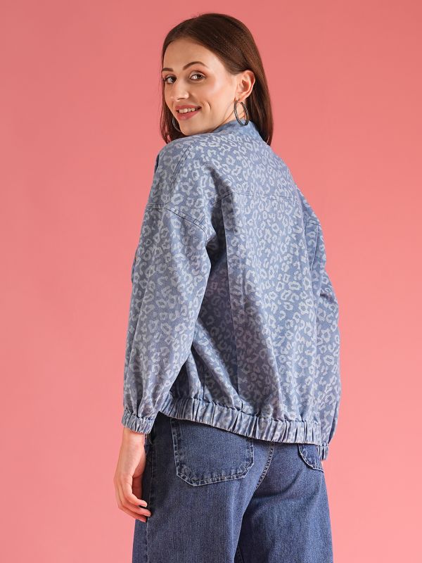Globus Women Blue Self Design Cotton Mandarin Collar Oversized Bomber Jacket