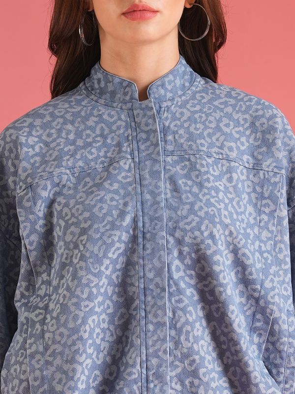 Globus Women Blue Self Design Cotton Mandarin Collar Oversized Bomber Jacket