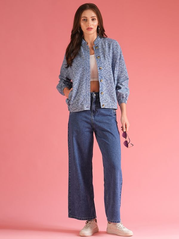 Globus Women Blue Self Design Cotton Mandarin Collar Oversized Bomber Jacket
