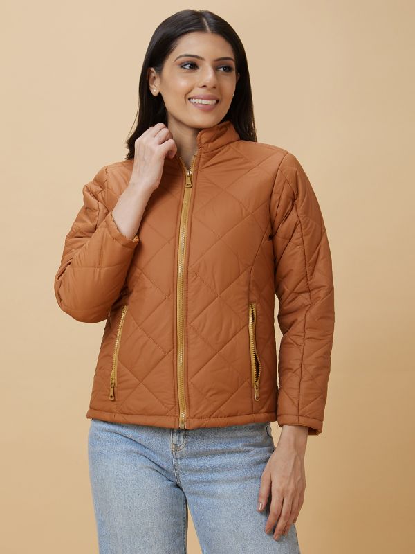 Globus Women Brown Solid Reversible Zip Closure Woven Puffer Jacket