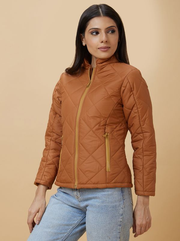 Globus Women Brown Solid Reversible Zip Closure Woven Puffer Jacket