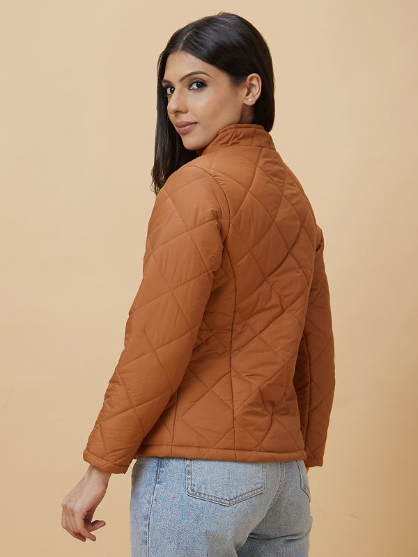 Globus Women Brown Solid Reversible Zip Closure Woven Puffer Jacket