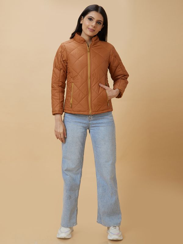 Globus Women Brown Solid Reversible Zip Closure Woven Puffer Jacket