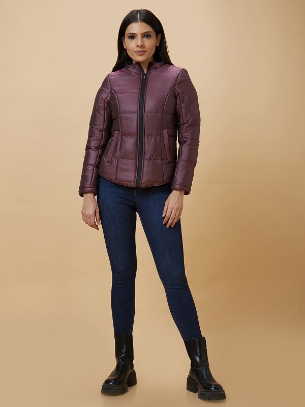 Globus Women Wine Solid Side Pockets Puffer Jacket