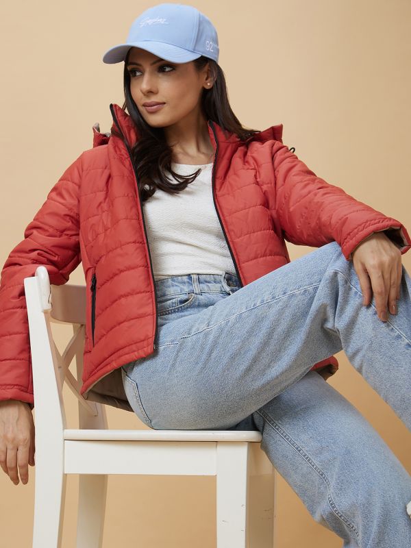 Globus Women Rust Solid Hooded Reversible Zip Closure Puffer Jacket
