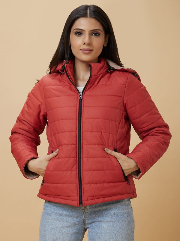 Globus Women Rust Solid Hooded Reversible Zip Closure Puffer Jacket