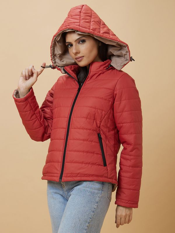 Globus Women Rust Solid Hooded Reversible Zip Closure Puffer Jacket