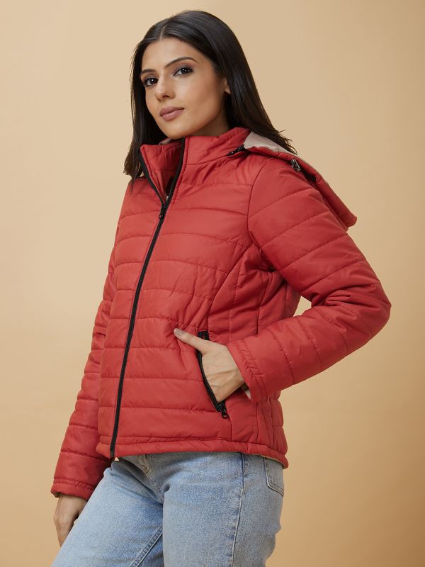 Globus Women Rust Solid Hooded Reversible Zip Closure Puffer Jacket