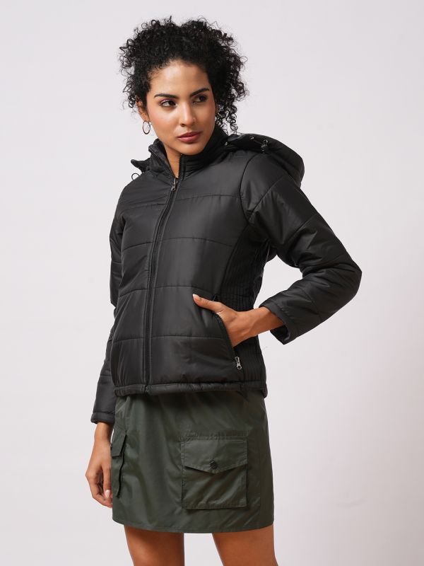 Globus Women Black Mock Neck Front Zip Closure Reversible Winter Wear Puffer Jacket With Detachable Hoodie