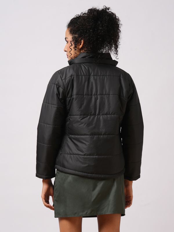 Globus Women Black Mock Neck Front Zip Closure Reversible Winter Wear Puffer Jacket With Detachable Hoodie