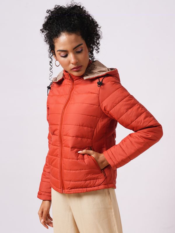 Globus Women Rust Mock Neck With Attached Hoodie Zip Closure Reversible Winter Wear Puffer Jacket