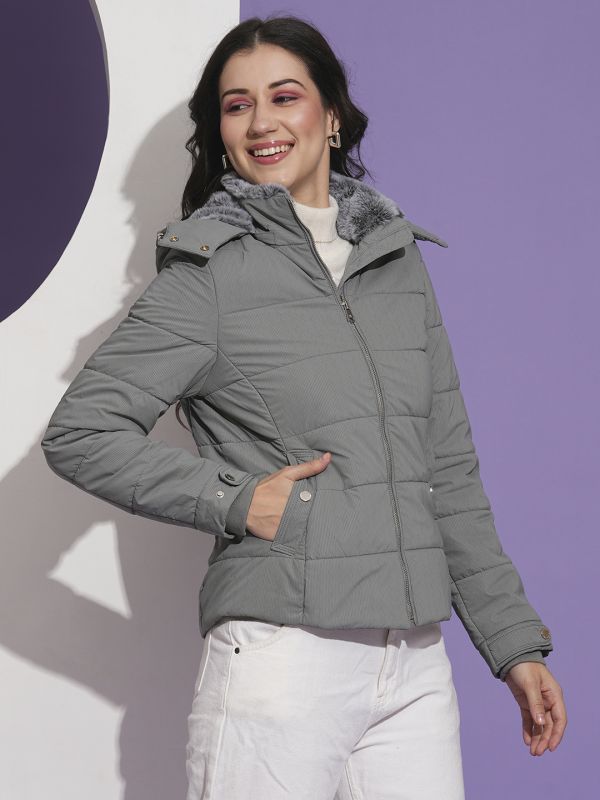 Globus Women Grey Mock Neck Front Pockets Winter Wear Insulator Puffer Jacket With Detachable Hood