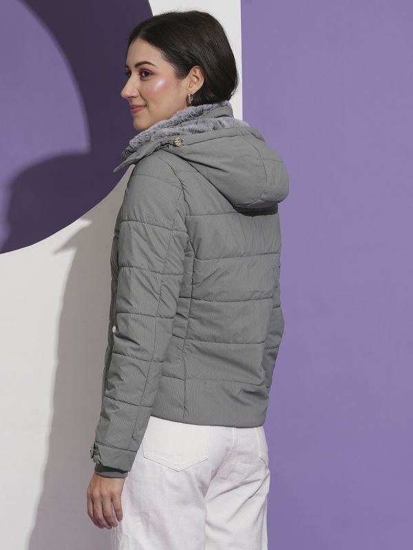 Globus Women Grey Mock Neck Front Pockets Winter Wear Insulator Puffer Jacket With Detachable Hood
