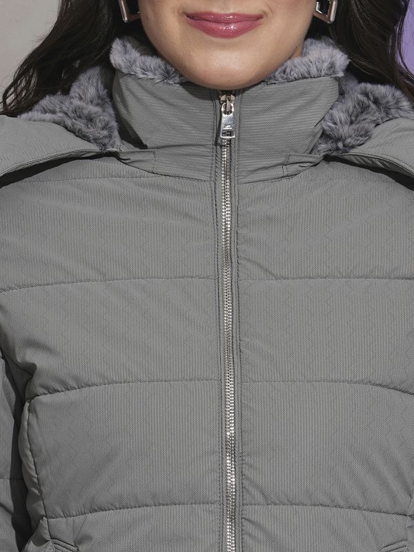 Globus Women Grey Mock Neck Front Pockets Winter Wear Insulator Puffer Jacket With Detachable Hood