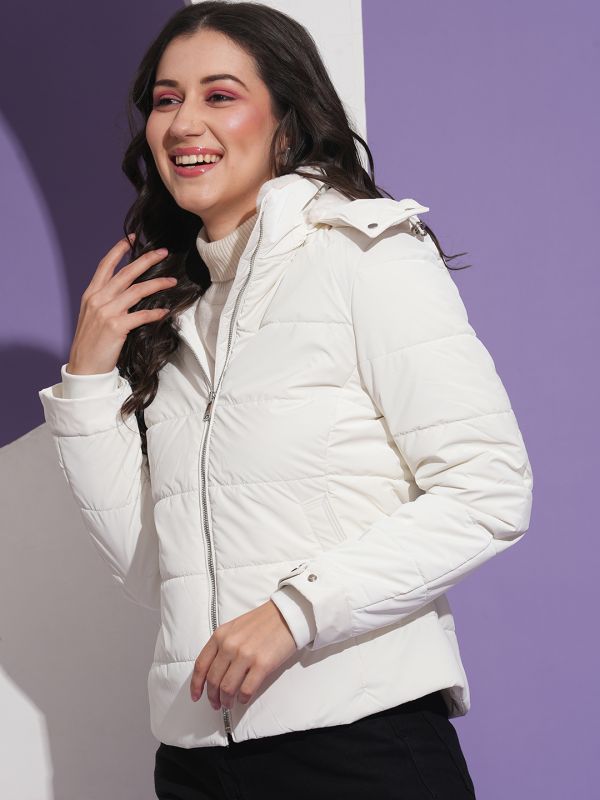 Globus Women White Mock Neck Front Pockets Winter Wear Insulator Puffer Jacket With Detachable Hood