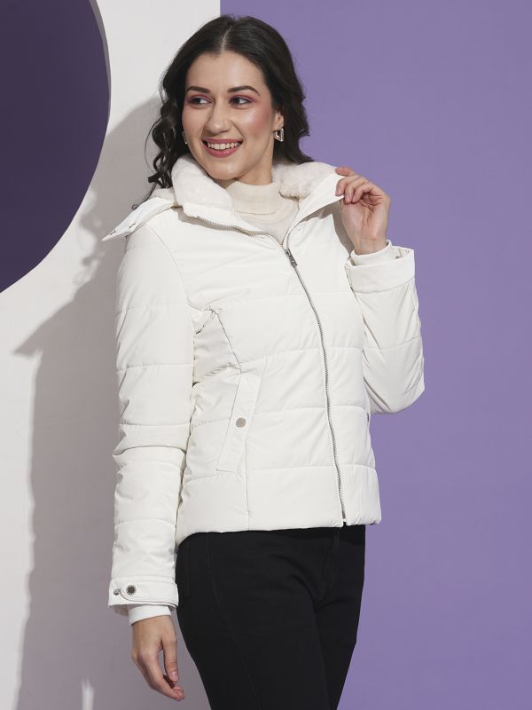 Globus Women White Mock Neck Front Pockets Winter Wear Insulator Puffer Jacket With Detachable Hood