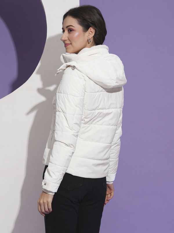 Globus Women White Mock Neck Front Pockets Winter Wear Insulator Puffer Jacket With Detachable Hood