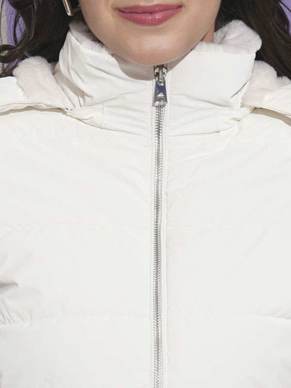 Globus Women White Mock Neck Front Pockets Winter Wear Insulator Puffer Jacket With Detachable Hood