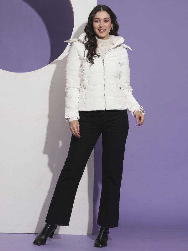 Globus Women White Mock Neck Front Pockets Winter Wear Insulator Puffer Jacket With Detachable Hood