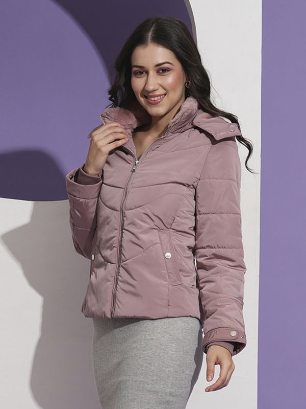 Globus Women Pink Mock Neck Front Pockets Winter Wear Insulator Puffer Jacket With Detachable Hood
