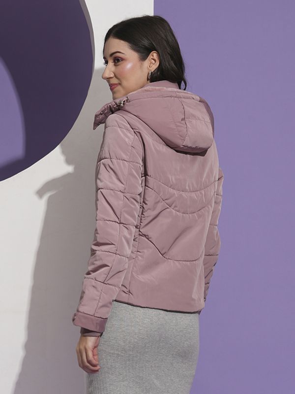 Globus Women Pink Mock Neck Front Pockets Winter Wear Insulator Puffer Jacket With Detachable Hood