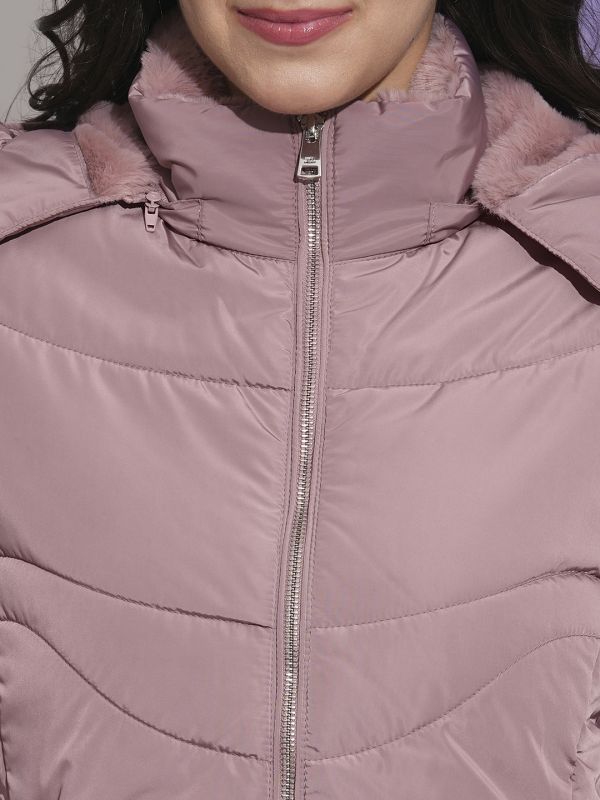 Globus Women Pink Mock Neck Front Pockets Winter Wear Insulator Puffer Jacket With Detachable Hood