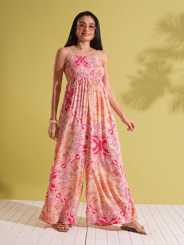 Globus Women Pink Square Neck Adjustable Strappy Shoulder Smocked Floral Print Wide Leg Jumpsuit