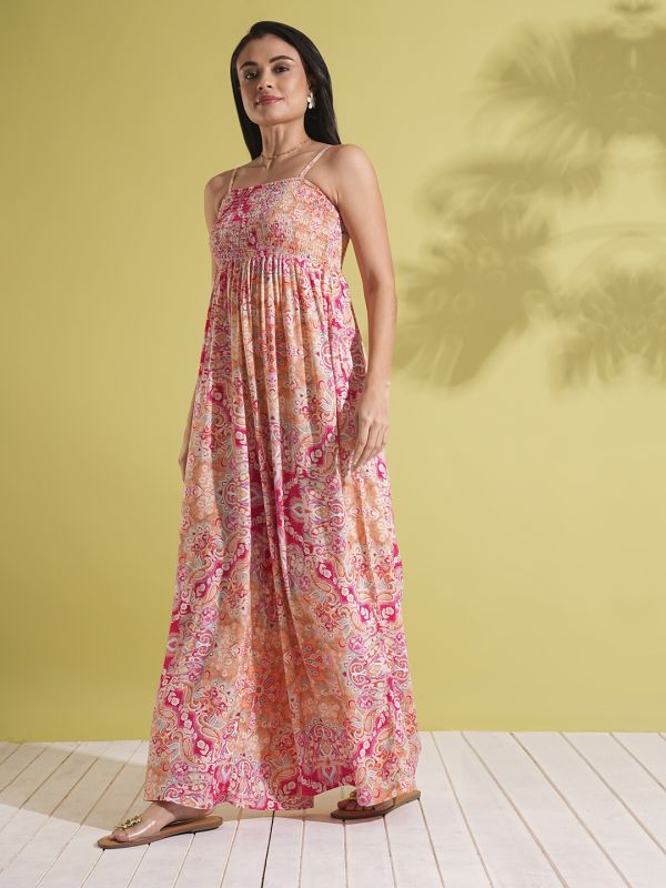 Globus Women Pink Square Neck Adjustable Strappy Shoulder Smocked Floral Print Wide Leg Jumpsuit
