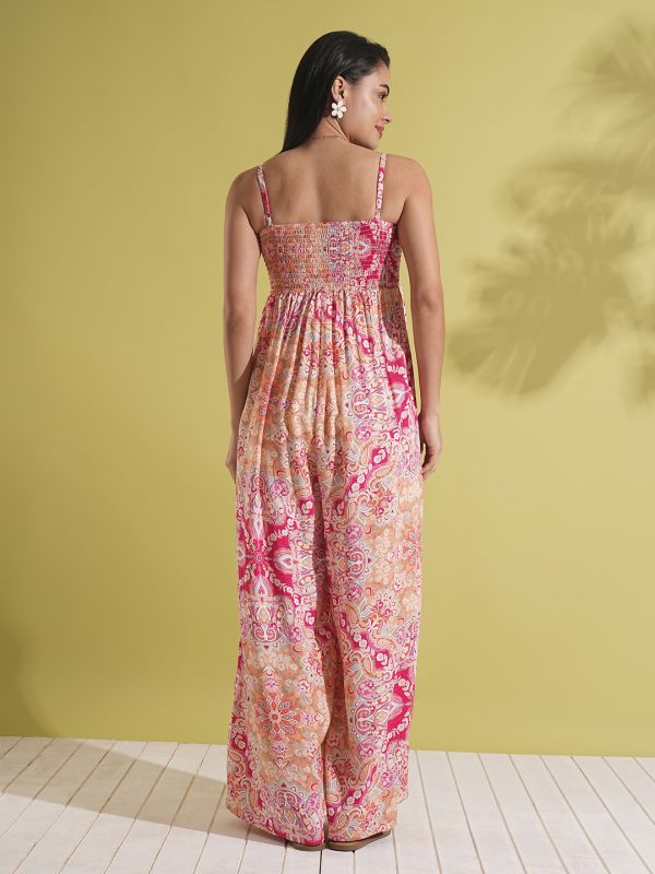 Globus Women Pink Square Neck Adjustable Strappy Shoulder Smocked Floral Print Wide Leg Jumpsuit